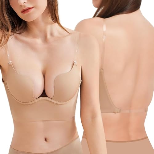 Damen Rückenfrei Multiway BH mit Transparenten Trägern Niedrigem Rücken Push Up Bra Tiefer U-Ausschnitt Unterwäsche, Beige, 80B von ZUKULIFE