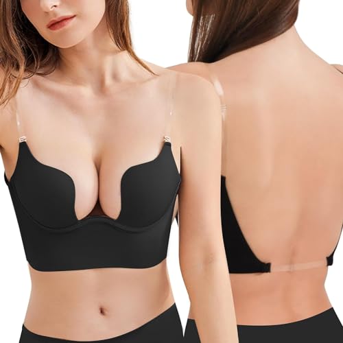 Damen Rückenfrei Multiway BH mit Transparenten Trägern Niedrigem Rücken Push Up Bra Tiefer U-Ausschnitt Unterwäsche, Schwarz, 80C von ZUKULIFE