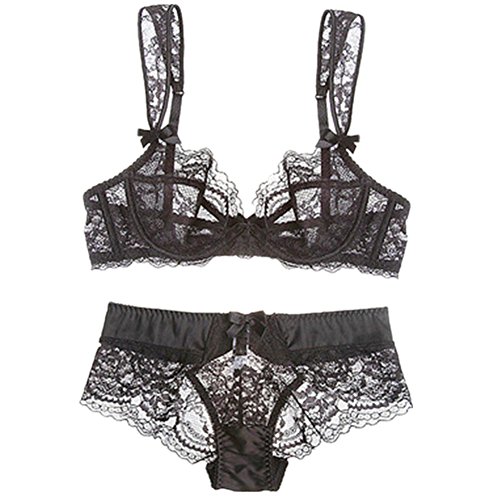ZUKULIFE Damen Spitze Ungefüttert Dünn Transparente Bügel BH und Panty Set - (Schwarz 80D) von ZUKULIFE