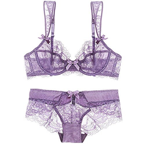 ZUKULIFE Damen Spitze Ungefüttert Dünn Transparente Bügel BH und Panty Set - (Violett 80A) von ZUKULIFE