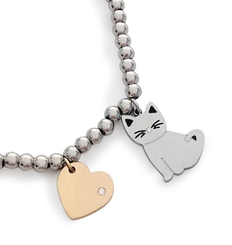 ZUKY Armband Katze Anhänger aus Stahl mit rosafarbenem Herz, Geschenkidee für Damen und Mädchen, verstellbar, Edelstahl ZUKY Armband Katze Anhänger aus Stahl mit rosafarbenem Herz, Geschenkidee für Damen und Mädchen, verstellbar, Edelstahl von ZUKY