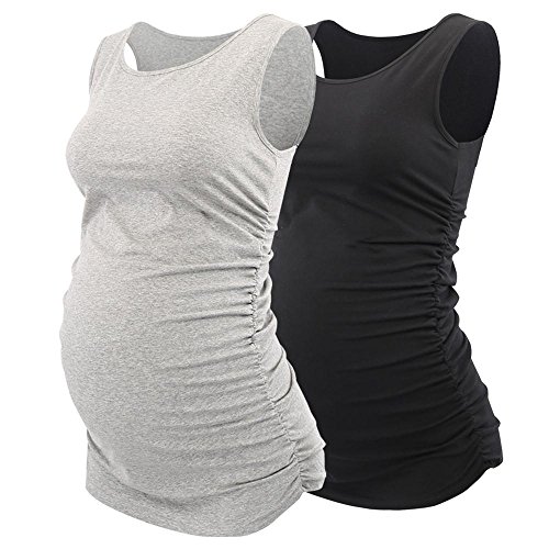 ZUMIY Schwangere Top, Maternity-Shirt Schwangerschaft Stilltop, Frauen Baumwoll Rundhals Rüschen Taille Mutterschaft Unterwäsche, Black grey/2-pk, S von ZUMIY