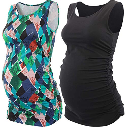 ZUMIY Schwangere Top, Maternity-Shirt Schwangerschaft Stilltop, Frauen Baumwoll Rundhals Rüschen Taille Mutterschaft Unterwäsche (L, Black+Green Pattern/2-pk) von ZUMIY