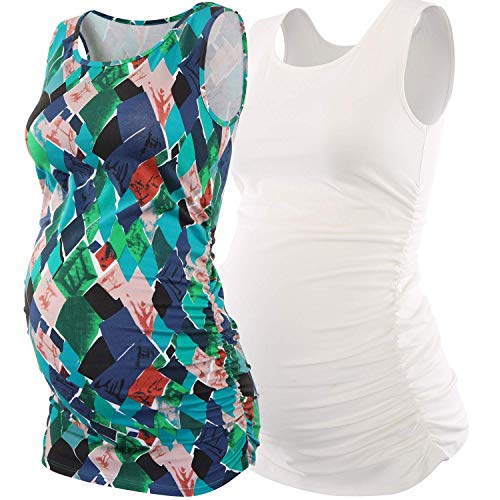 ZUMIY Schwangere Top, Maternity-Shirt Schwangerschaft Stilltop, Frauen Baumwoll Rundhals Rüschen Taille Mutterschaft Unterwäsche (L, White+Green Pattern/2-pk) von ZUMIY