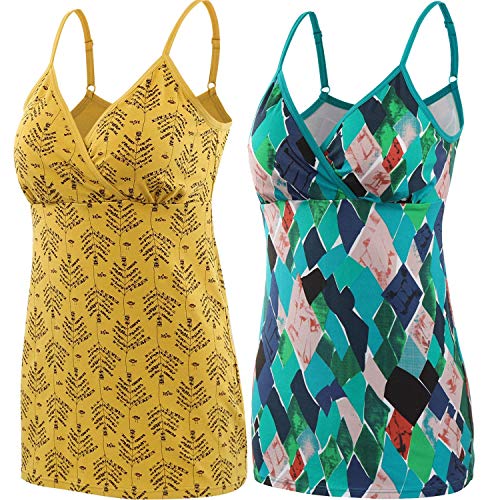 ZUMIY Schwangerschaft Stillen Top, Damen Baumwolle Umstandskleidung Schlaf Ärmellos Cami mit Verstellbaren Trägern (XL, Yellow Printing+ Green Pattern/2-pk) von ZUMIY