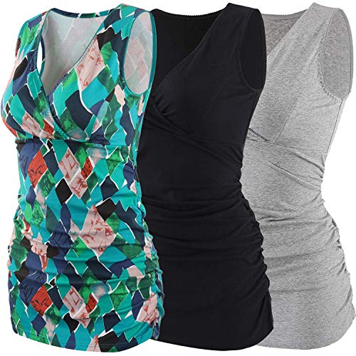 ZUMIY Still-Shirt/Umstandstop, Schwangeres Stillen Nursing Schwangerschaft Top Umstandsmode Unterwäsche (M, Black+Grey+Green Pattern/3-pk) von ZUMIY