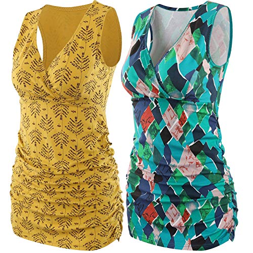 ZUMIY Still-Shirt/Umstandstop, Schwangeres Stillen Nursing Schwangerschaft Top Umstandsmode Unterwäsche (S, Yellow Printing+ Green Pattern/2-pk) von ZUMIY