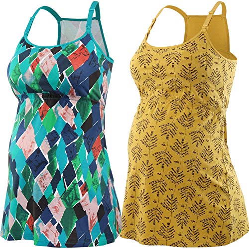 ZUMIY Still-Top, Schwangeres Stillshirt aus Baumwolle- Umstandsmode T-Shirt Damen Still Umstands-Top mit Doppelter Öffnung - Rennfahrer Zurück (L, Yellow Printing+ Green Pattern/2-pk) von ZUMIY