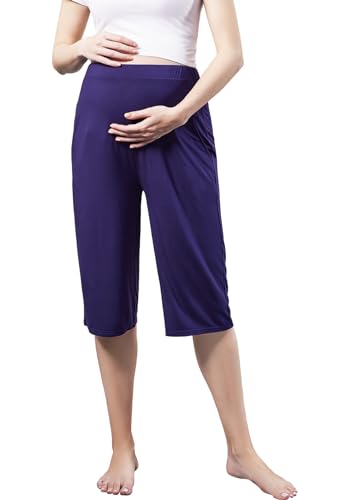 ZUMIY Umstands Lounge Capri Hosen, Schwangerschafts Hosen über dem Bauch Stretch Umstandshosen, Schwangere Sweatpants Viskose Capri Licht Entspannt Weich Berühren Hosen mit Taschen (M,Navy Blue) von ZUMIY