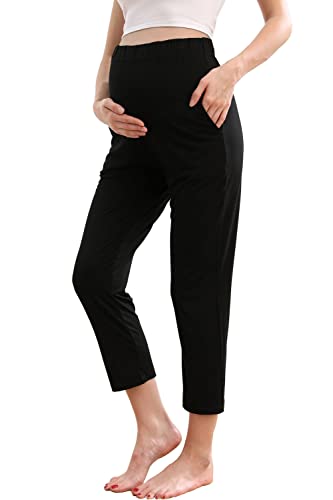 ZUMIY Umstands Lounge Hosen, Schwangerschafts Hosen über dem Bauch Stretch Umstandshosen, Umstands Kleidung Sweatpants mit Taschen, Freizeithose für Schwangere (L,Black) von ZUMIY