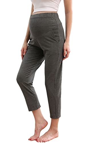 ZUMIY Umstands Lounge Hosen, Schwangerschafts Hosen über dem Bauch Stretch Umstandshosen, Umstands Kleidung Sweatpants mit Taschen, Freizeithose für Schwangere (L,Grey) von ZUMIY