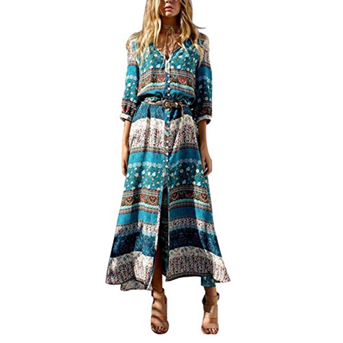 ZUMUii Butterme Frauen Vintager V-Ansatz Blumen langes Kleid Böhmen Boho Druck-seitliche Beleg-Ansatz-Taille Lange Hülse Maxi Kleid-Strand-Wolljacke Sundress Abdeckung Ups von ZUMUii