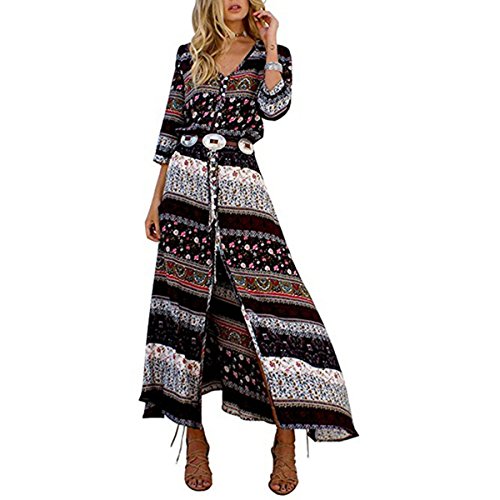 ZUMUii Butterme Frauen Vintager V-Ansatz Blumen langes Kleid Böhmen Boho Druck-seitliche Beleg-Ansatz-Taille Lange Hülse Maxi Kleid-Strand-Wolljacke Sundress Abdeckung Ups von ZUMUii