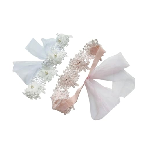 ZUNOXAZ 2 Stück Stirnbänder mit Spitzenblumen und Perlen Elastische Kopfbedeckung für Mädchen Neugeborene Jahre Verstellbar Zweifarbig Weiß und Rosa für Geburtstag Party und Alltag von ZUNOXAZ