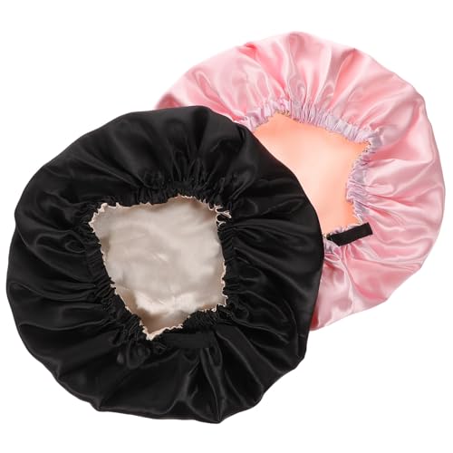 ZUNOXAZ 2 Stück Teiliges Satin Schlafhauben Verstellbare Elastische Haarkappen für Damen Doppellagig und Atmungsaktiv für Schlaf Spa Salon und Haarschutz Schwarz Rosa von ZUNOXAZ
