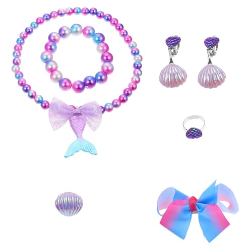 ZUNOXAZ Meerjungfrau Schmuckset für Mädchen Teiliges Schmuck mit Verstellbarem Ring Ohrclips Halskette Armband und Haarschmuck für Party Cosplay und Alltag von ZUNOXAZ