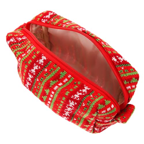 ZUNOXAZ Strick Kosmetiktasche mit Reißverschluss Große Kapazität Vielseitige Make-up Stifttasche Rot-grün Gestreift Tragbar für Schüler und Alltag Modisches Neujahrsgeschenk von ZUNOXAZ