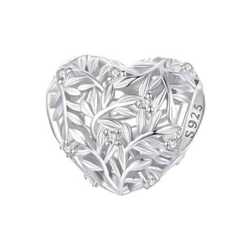 ZUOHUI 925 Sterling Silber Herzform Hohle Blätter Charms Baumeln Perle for Pandora Armband Halsketten for Damen Geburtstagsgeschenke Original BSC1021 von ZUOHUI