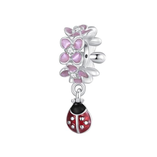 ZUOHUI 925 Sterling Silber Rosa Blume Marienkäfer Spacer Charms Baumeln Perle for Pandora Armband Halsketten for Damen Geburtstagsgeschenke Original SCC2740 von ZUOHUI