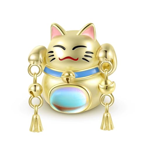 ZUOHUI DIY-Anhänger Maneki Neko aus 925er Sterlingsilber mit 14 Karat Vergoldung und Mondstein for Damen – Glücksbringer-Perle zur Schmuckherstellung for Armbänder und Halsketten | Geschenk for Geburt von ZUOHUI