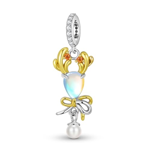 ZUOHUI DIY-Anhänger mit Geweihschleife aus 925er Sterlingsilber mit Mondstein und 14-karätiger Vergoldung – Elegantes Schmuckzubehör for Armbänder und Halsketten | Geschenk for Geburtstage, Hochzeiten von ZUOHUI