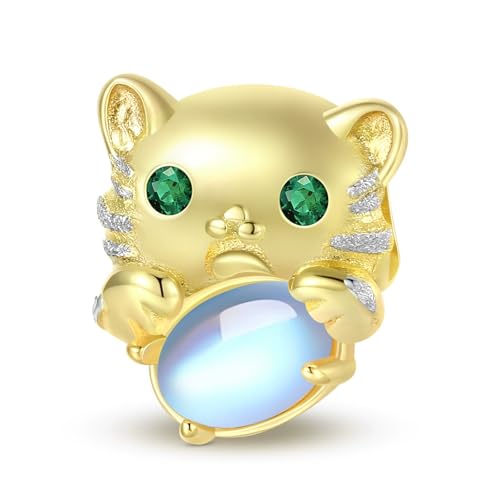 ZUOHUI DIY-Tiger-Charm aus 925er Sterlingsilber mit Mondstein und 14-karätiger Vergoldung for Damen – Niedliches Tier-Schmuckzubehör for Armbänder und Halsketten | Geschenk for Geburtstage, Muttertag von ZUOHUI