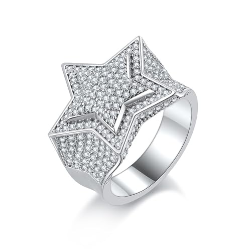 ZUOHUI Hip-Hop-Ring aus 925er Sterlingsilber mit Moissanit-Stern und kubanischem Zirkonia, rhodiniert und 18 Karat vergoldet | Stapelbarer Unisex-Bandring for Damen und Herren, geeignet als Geschenk z von ZUOHUI