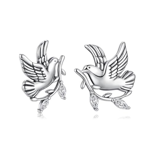 ZUOHUI Ohrstecker in Taubenform aus S925 Sterlingsilber mit Zirkonia – Design mit Friedenssymbol, hypoallergener Druckverschluss, leichtes 1,9 g schweres Geschenk for Frauen (1,5 x 1,6 cm) von ZUOHUI