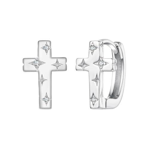 ZUOHUI Ohrstecker mit Kreuz und Stern aus Zirkonia in S925 Sterlingsilber, hypoallergene Unisex-Creolen for Mode und Pendeln, Schnappverschluss von ZUOHUI