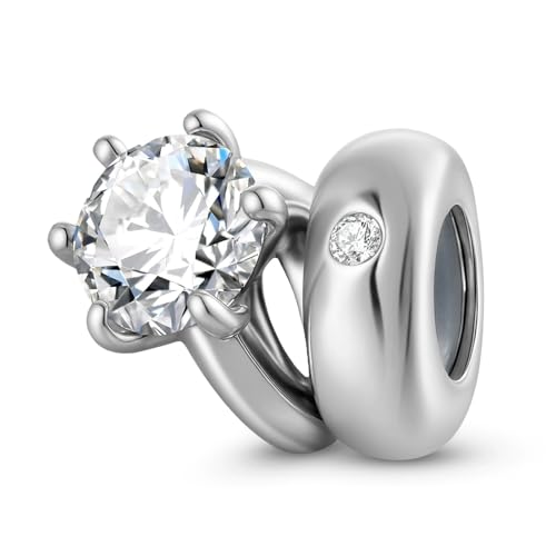 ZUOHUI Solitär-Ring-Perlenanhänger aus S925er Sterlingsilber mit rundem Geburtsstein for Damen, for Armbänder und Halsketten von Pandora, Biagi oder Chamilia(April: white) von ZUOHUI