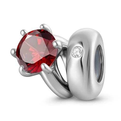 ZUOHUI Solitär-Ring-Perlenanhänger aus S925er Sterlingsilber mit rundem Geburtsstein for Damen, for Armbänder und Halsketten von Pandora, Biagi oder Chamilia(January: red) von ZUOHUI