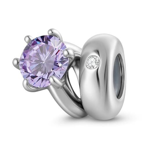 ZUOHUI Solitär-Ring-Perlenanhänger aus S925er Sterlingsilber mit rundem Geburtsstein for Damen, for Armbänder und Halsketten von Pandora, Biagi oder Chamilia(June: light purple) von ZUOHUI