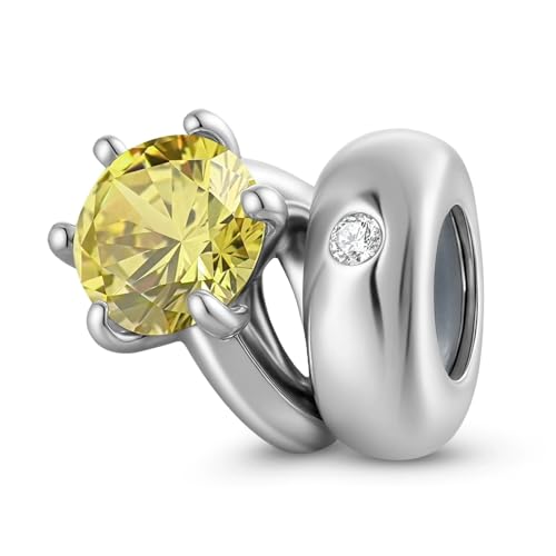 ZUOHUI Solitär-Ring-Perlenanhänger aus S925er Sterlingsilber mit rundem Geburtsstein for Damen, for Armbänder und Halsketten von Pandora, Biagi oder Chamilia(November: yellow) von ZUOHUI