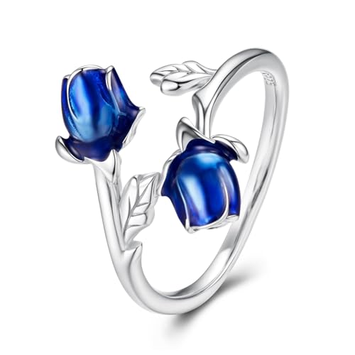 ZUOHUI Verstellbarer Ring aus 925er Sterlingsilber mit Epoxidbeschichtung und blauer Rose – Statement-Ring mit Blumenmuster for Damen | Romantisches Geschenk for Valentinstag, Jahrestag oder for den A von ZUOHUI
