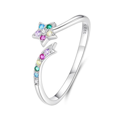 ZUOHUI Verstellbarer Ring aus S925 Sterlingsilber mit Sternenmeteorit for Damen, offenes Design mit funkelndem farbigem Zirkon, stapelbarer Statement-Ring for den Alltag und besondere Anlässe von ZUOHUI