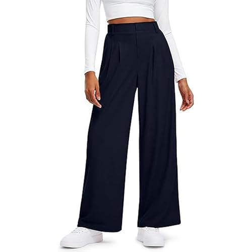 ZUOLAIYIN Solid Color Elastic High Waist Casual Pocket Wide Leg Pants Work Business Loose Women's Trousers Navy Blue M von ZUOLAIYIN