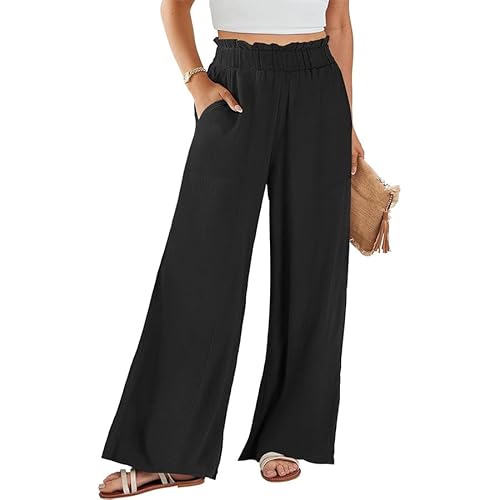 ZUOLAIYIN Women Linen High Waist Pocket Loose Casual Comfortable Straight Wide Leg Pants Black XL von ZUOLAIYIN