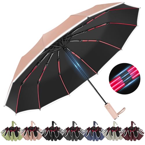 Regen- und sonnensicherer Faltschirm mit Reflektorstreifen, 12 rote Rippen (3 Rippen + 2 Rippen) Tragbarer, faltbarer Rucksack-Großschirm für Autos, kompakte Regenschirme für Männer und Frauen von ZUOYOUZ