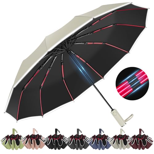 Regen- und sonnensicherer Faltschirm mit Reflektorstreifen, 12 rote Rippen (3 Rippen + 2 Rippen) Tragbarer, faltbarer Rucksack-Großschirm für Autos, kompakte Regenschirme für Männer und Frauen von ZUOYOUZ