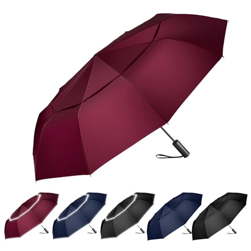ZUOYOUZ Winddichter Reise-Regenschirm für Regen – leicht, stabil, kompakt, einfach zu öffnen/zu schließen; doppelte reflektierende Streifen-Belüftung für Damen und Herren, Wine01 von ZUOYOUZ