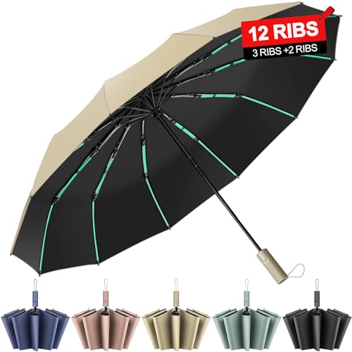Regenschirm Sturmfest,Taschenschirm für Regen&Sonne, 12 Rippen(3 Rippen+2 Rippen) Tragbarer Rucksack faltbarer großer Regenschirm für Auto, Golf, Männer und Frauen Knirps regenschirm von ZUOYOUZ