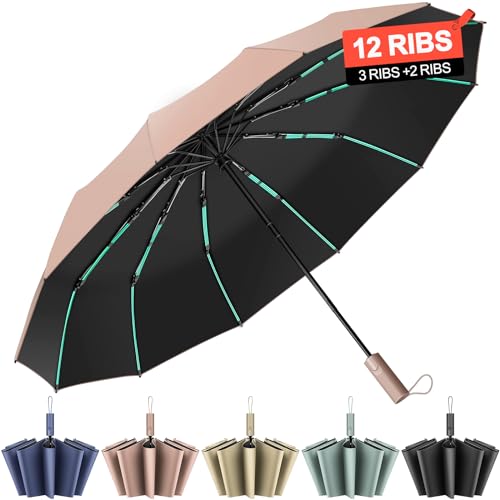 Regenschirm Sturmfest,Taschenschirm für Regen&Sonne, 12 Rippen(3 Rippen+2 Rippen) Tragbarer Rucksack faltbarer großer Regenschirm für Auto, Golf, Männer und Frauen Knirps regenschirm von ZUOYOUZ