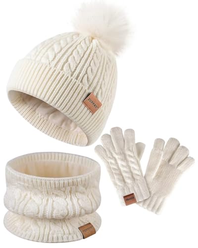 ZUPPAD Mütze und Schal Kinder Set, Kinder Beanie Mütze Winter mit Bommel Strick Halswärmer Halstuch Schlauchschal Warme Handschuhe Fleece-Gefüttertes Set für Mädchen, Kleinkinder und Kinder(Weiß) von ZUPPAD