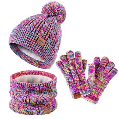 ZUPPAD Mütze und Schal Set, Beanie Winter Mit Bommel Strick Halswärmer Schlauchschal Warme Handschuhe Fleece-Gefüttertes Set für Kinder, Mädchen, Kleinkinder (Regenbogen-Mix) von ZUPPAD