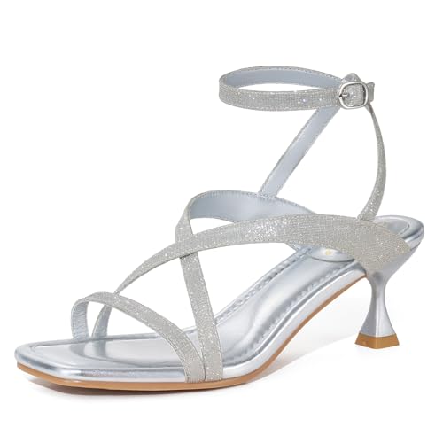 ZURIN Damen-Sandalen mit niedrigem Kitten-Heels, elegante Riemchensandalen, offene quadratische Zehenpartie, Knöchelriemen, Sommerkleid, Partyschuhe, 6,1 cm, Silber Glitter, 37.5 EU von ZURIN