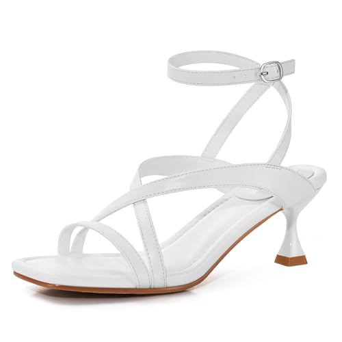 ZURIN Damen-Sandalen mit niedrigem Kitten-Heels, elegante Riemchensandalen, offene quadratische Zehenpartie, Knöchelriemen, Sommerkleid, Partyschuhe, 6,1 cm, Weiss/opulenter Garten, 37.5 EU von ZURIN