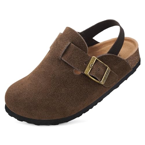 Clogs Kinder Wildleder Pantoletten Mädchen Hausschuhe Jungen Gartenschuhe Verstellbare Slipper Kindergarten Sandalen rutschfest Kaffee 29-30 EU=Etikettengröße: 190 von ZUSERIS