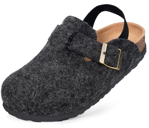 ZUSERIS Kinder Filzpantoffeln Mädchen Jungen Hausschuhe Warme Clogs Verstellbare Pantoffeln Fussbettpantoffel rutschfest,Schwarz,22/23 EU=Etikettengröße 140 von ZUSERIS