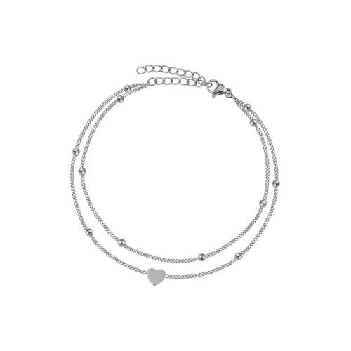 ZUWIJEQ 1 pcs Fußkettchen Herz für Damen, Damen Silber Fußkette, Boho runde Perlen Fußkettchen Mode Mehrschichtige Forever Herz runde Perlen Fußkettchen Set Verstellbar Strand Fuß Schmuck für Frauen von ZUWIJEQ