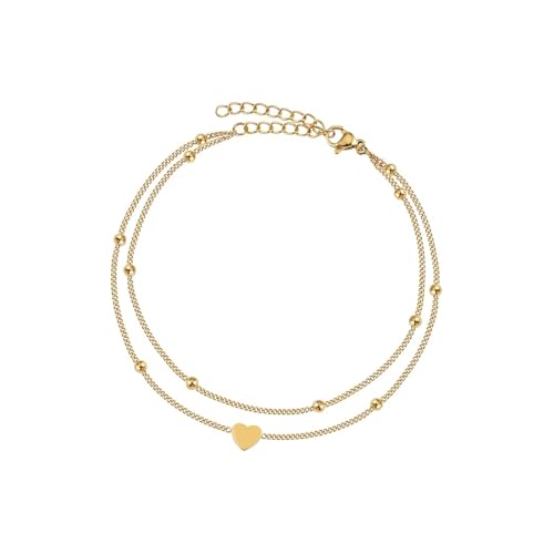 ZUWIJEQ 1 pcs Fußkettchen Herz für Damen, Fußkette Gold Damen, Boho runde Perlen Fußkettchen Mode Mehrschichtige Forever Herz runde Perlen Fußkettchen Set Verstellbar Strand Fuß Schmuck für Frauen von ZUWIJEQ